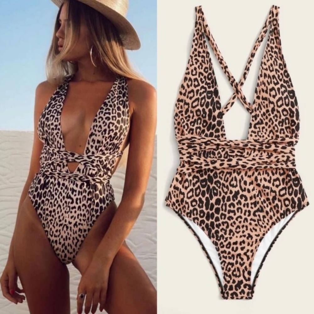 AVAILABLE Leopard Print Wrap One Piece Swimsuit